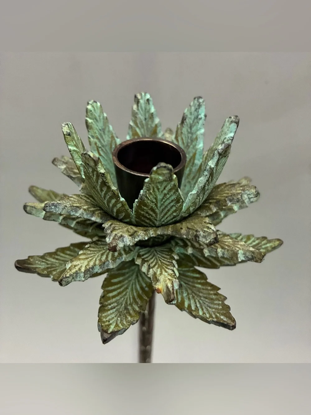 Vintage Metal Palm Tree Candlestick in Green and Bronze Height 16,5”